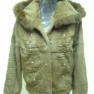 LADIES BROWN(KHAKI)  SHEARED RABBIT HOODIE JACKET TRIM WITH FOX (HH03) SZ F = M