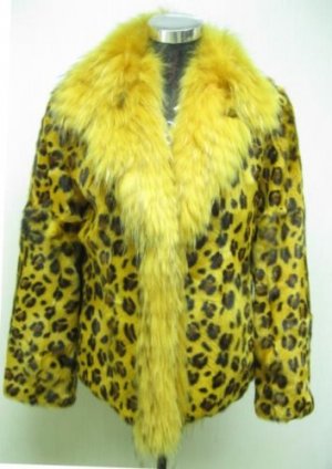 LADIES YELLOW PRINTED LAMB JACKET  TRIM WITH FOX (HH01)Sz F=S