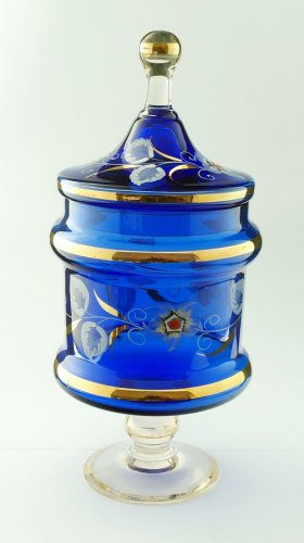 Victorian Style Hand Painted Blue Glass Jar