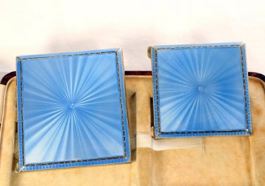 Art Deco Cased Sterling Silver Guilloche Enamel Cigarette Case & Compact