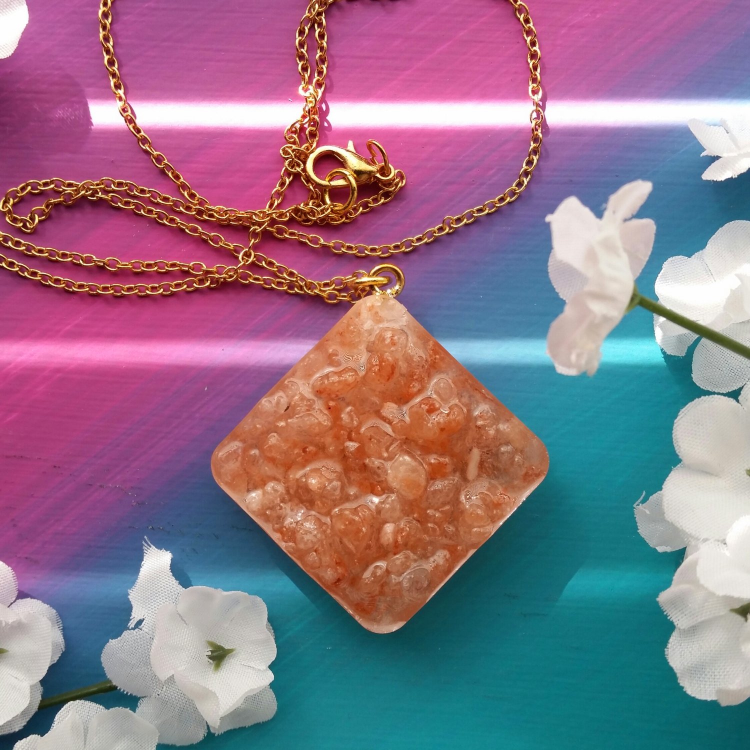 Himalayan Pink Salt Resin Cast DiamondShaped Necklace with Gold Link Chain