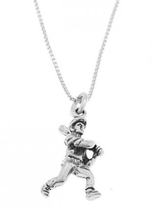 STERLING SILVER BATTING BASEBALL PLAYER CHARM WITH 16 INCH BOX CHAIN NECKLACE