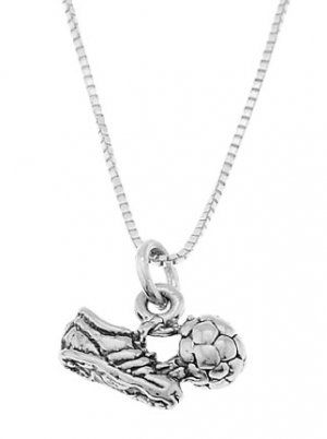 STERLING SILVER SOCCER CLEAT WITH SOCCER BALL CHARM WITH 16" BOX CHAIN NECKLACE
