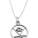 STERLING SILVER DISC CUT OUT HOCKEY MASK AND STICK CHARM WITH 16 inch BOX CHAIN NECKLACE