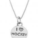 STERLING SILVER I LOVE HOCKEY ROUND DISC CHARM WITH 16 INCH BOX CHAIN NECKLACE