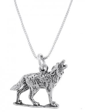 STERLING SILVER WOLF / COYOTE HOWLING AT THE MOON CHARM WITH 16 inch BOX CHAIN NECKLACE