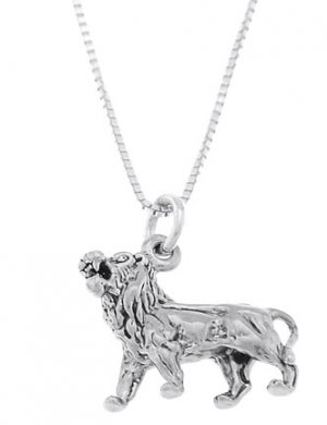 STERLING SILVER FEROCIOUS STRONG LION CHARM WITH 16 inch BOX CHAIN NECKLACE
