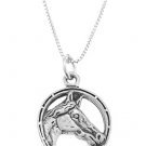 STERLING SILVER HORSE HEAD INSIDE THE HORSESHOE CHARM WITH 16 inch BOX CHAIN NECKLACE