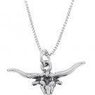STERLING SILVER LONG HORN BULL CHARM WITH 16 inch BOX CHAIN NECKLACE