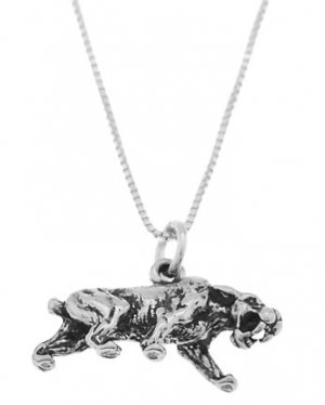 STERLING SILVER SABER TOOTH TIGER CHARM WITH 16 inch BOX CHAIN NECKLACE