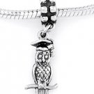 STERLING SILVER DANGLE GRADUATION OWL W/ HAT EUROPEAN BEAD