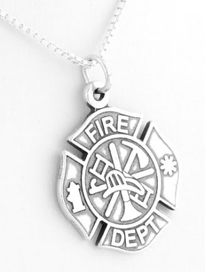 STERLING SILVER MALTESE CROSS FIRE DEPT CHARM W/ 16" BOX CHAIN
