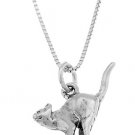 STERLING SILVER SCARED ALLEY CAT / TAIL UP CAT CHARM WITH 16 inch BOX CHAIN NECKLACE