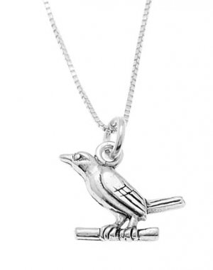 STERLING SILVER WREN BIRD SITTING ON BRANCH CHARM WITH 16 inch BOX CHAIN NECKLACE