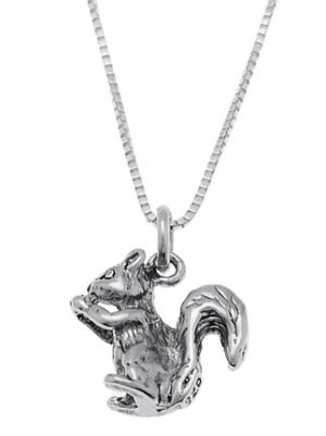 STERLING SILVER SQUIRREL HOLDING / EATING NUT CHARM WITH 16 inch BOX CHAIN NECKLACE