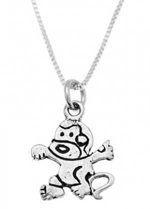 STERLING SILVER CRAZY MONKEY / CARTOON MONKEY CHARM WITH 16 inch BOX CHAIN NECKLACE