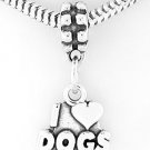 STERLING SILVER DANGLING I LOVE DOGS HEART EUROPEAN BEAD