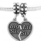 SILVER DANGLE BIG SIS LIL SIS HEART EUROPEAN  BEAD
