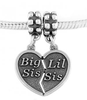 SILVER DANGLE BIG SIS LIL SIS HEART EUROPEAN  BEAD