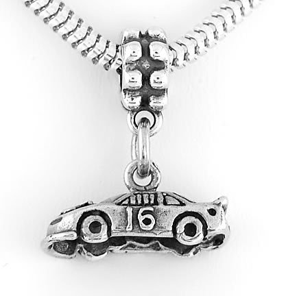 STERLING SILVER DANGLING #16 RACE CAR EUROPEAN BEAD