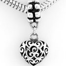 SILVER DANGLING 3D FILIGREE PUFFED HEART EUROPEAN BEAD