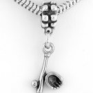 SILVER DANGLE BASEBALL BALL BAT & GLOVE EUROPEAN BEAD