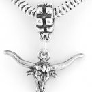 STERLING SILVER DANGLING LONGHORN BULL EUROPEAN BEAD