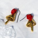 Golden Mushroom Earrings with Red Rose