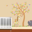 Kids vinyl wall decal Tree with Elephant Giraffe Monkey and Birds.