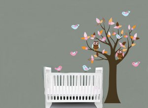 Nursery Kids tree vinyl wall decal with 2 owls and 8 birds pattern leaves
