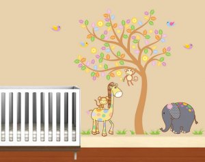 Childrens removable vinyl wall decal Tree w/ Elephant Giraffe Monkey and Birds for nursery room