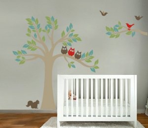 Kids tree and tree branch set vinyl wall decal with birds owls