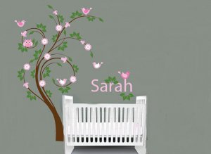 Kids swirl tree with initial monogram name with owl and birds flowers nursery vinyl wall decal