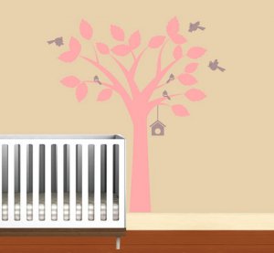 pink tree with bird house hanging and 6 birds vinyl wall decal so sweet for a nursery
