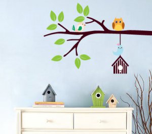 Kids tree branch with hanging bird house owl and birds Vinyl wall decal