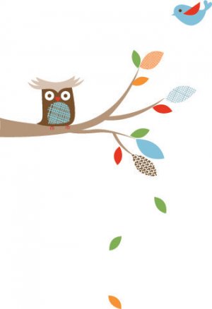 Kids tree branch with falling leaves vinyl wall decal with birds owls and pattern leaves