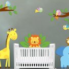 childrens removable vinyl wall decal Elephant Giraffe Monkey Lion Birds with 2 tree for nursery room