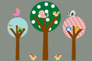 Kids Set of 3 circle round tree birds owls squirrels vinyl wall decal cute for nursery