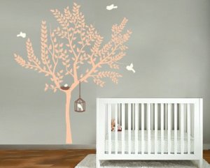 pink tree with bird nest and bird cage with birds set vinyl wall decal so sweet for a nursery