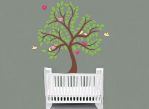Kids childrens tree vinyl wall decal with 10 penelope birds and leaves