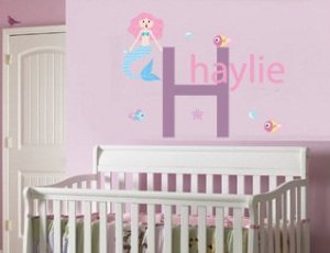Kids initial monogram name with mermaid fish starfish and bubbles vinyl wall decal