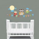 Kids children banner vinyl wall decal with flags 3 owls moon and clouds