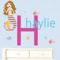Kids initial monogram name with mermaid fish starfish and bubbles vinyl wall decal