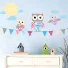 Kids banner vinyl wall decal with flags 3 owls moon and clouds