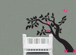 Kids leaning tree vinyl wall decal with bird nest great for any nursery or childs room