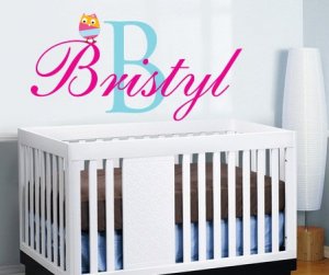 Kids initial monogram name with owl vinyl wall decal with Zutano Owl Collection
