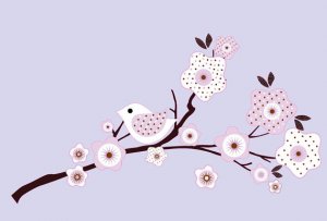 Candy tree branch vinyl wall decal in lilac with BananaFish Migi Blossom bedding