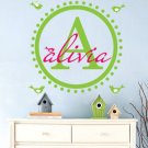 Kids initial monogram round circle vinyl wall decal with set of birds