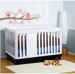 Kids tree branch vinyl wall decal with bird house birds and flowers