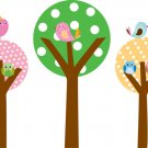 Kids Set of 3 circle round tree birds owls vinyl wall decal cute for nursery